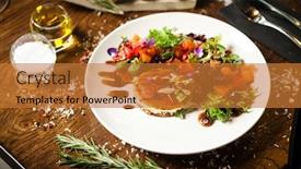  Presentation with cucumber cream - Presentation having black-angus-hand-made-dumplings background and a gold colored foreground