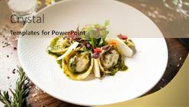  Presentation with cucumber cream - Cool new presentation with black-angus-hand-made-dumplings backdrop and a coral colored foreground