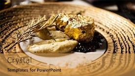  Presentation with tenderloin - Colorful presentation theme enhanced with black-angus-tenderloin-steak-covered backdrop and a gold colored foreground