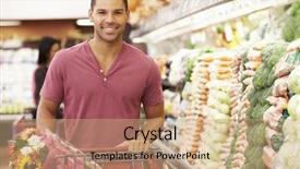  Presentation with supermarket trolley - PPT layouts enhanced with black apple - man pushing trolley by produce background and a coral colored foreground