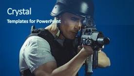  Presentation with sport - Presentation theme enhanced with black armor and machine gun background and a ocean colored foreground