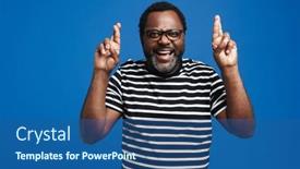  Presentation with good luck - Slide set with black-bearded-man-in-eyeglasses background and a ocean colored foreground