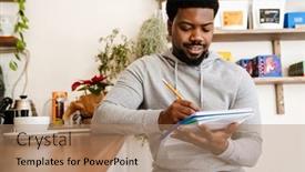  Presentation with black man - Presentation theme with black-bearded-man-writing-down background and a coral colored foreground