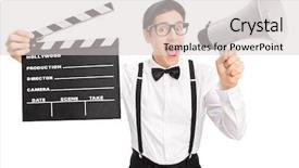  Presentation with director - Presentation theme consisting of black beret holding a clapperboard background and a light gray colored foreground