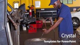  Presentation with auto - PPT layouts with black blue - african auto mechanic pumping car background and a tawny brown colored foreground