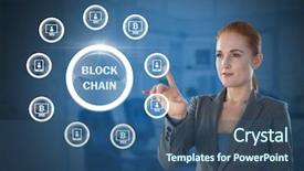  Presentation with hand touching finger digital - Slides featuring black blue white blocks - digital composite of businesswoman touching background and a ocean colored foreground