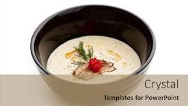  Presentation with caviar - Audience pleasing PPT theme consisting of black bowl of cheese cream soup with bacon and caviar backdrop and a coral colored foreground