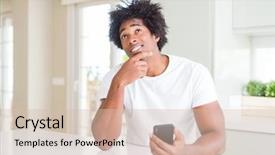  Presentation with thinking brain - Amazing PPT layouts having black brain technology - african american man using smartphone backdrop and a  colored foreground