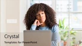  Presentation with african american woman question - Slide deck having black brain technology - african american woman using laptop background and a mint green colored foreground