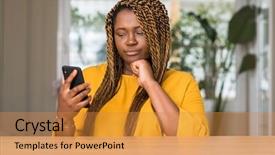  Presentation with african american in technology - Colorful PPT theme enhanced with black brain technology - african american woman using smartphone backdrop and a gold colored foreground