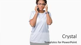  Presentation with african american woman question - Beautiful presentation theme featuring black brain technology - young african american woman talking backdrop and a  colored foreground