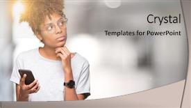  Presentation with thinking brain - Colorful PPT theme enhanced with black brain technology - young african american woman using backdrop and a light gray colored foreground