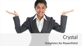  Presentation with displaying - Theme enhanced with black business woman in formalwear smiling and hands displaying something isolated on white background background and a white colored foreground