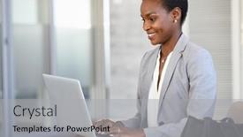  Presentation with office room - Slide set enhanced with black-business-woman-using-computer background and a light gray colored foreground