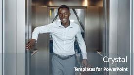  Presentation with elevator - Colorful presentation theme enhanced with black businessman goes into the elevator in office backdrop and a gray colored foreground