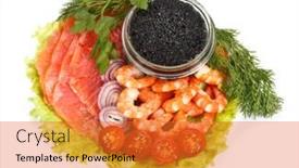  Presentation with salty - Beautiful presentation theme featuring black caviar tiger shrimps and a salty trout with vegetables on a white background backdrop and a red colored foreground