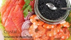 Presentation with salty - Presentation theme with black caviar tiger shrimps and a salty trout with vegetables on a white background background and a coral colored foreground