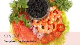  Presentation with salty - PPT theme with black caviar tiger shrimps and a salty trout with vegetables on a white background background and a coral colored foreground