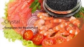  Presentation with salty - Slides having black caviar tiger shrimps and a salty trout with vegetables on a white background background and a coral colored foreground