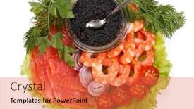  Presentation with salty - Audience pleasing theme consisting of black caviar tiger shrimps and a salty trout with vegetables on a white background backdrop and a red colored foreground