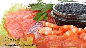  Presentation with salty - Theme with black caviar tiger shrimps and a salty trout with vegetables on a white background background and a coral colored foreground