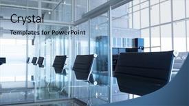  Presentation with board meeting room chairs - Slide deck featuring an empty conference room background and a light blue colored foreground