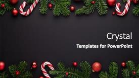  Presentation with candy canes - Presentation design featuring black christmas background decorative border frame of fir branches red christmas balls and candy canes background and a dark gray colored foreground