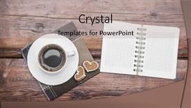  Presentation with note book - Slide deck enhanced with black coffee with cookies and note book on table background and a mint green colored foreground