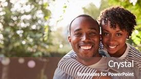  Presentation with young happy couple - Cool new presentation theme with black couple piggyback in garden backdrop and a tawny brown colored foreground