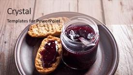  Presentation with currant - Slide set having black currant jam in glass jar and crackers on rustic wooden board background and a soft green colored foreground
