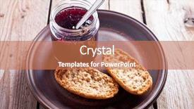  Presentation with currant - Presentation design with black currant jam in glass jar and crackers on rustic wooden board background and a coral colored foreground