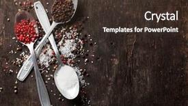  Presentation with table salt - Presentation theme consisting of pepper and salt spices on wooden table top view with copy space background and a tawny brown colored foreground