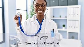  Presentation with black woman - Slides featuring black-doctor-woman-holding-stethoscope background and a light blue colored foreground