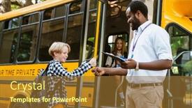  Presentation with school bus - PPT theme consisting of black-driver-smiling-and-saying background and a  colored foreground