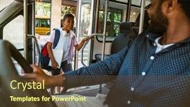  Presentation with school bus - PPT theme consisting of black-driver-smiling-while-talking background and a  colored foreground