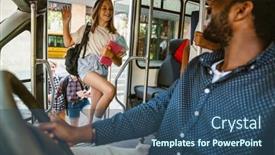  Presentation with school bus - PPT theme enhanced with black-driver-smiling-while-talking background and a  colored foreground