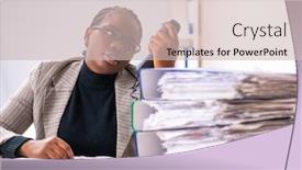  Presentation with black female - PPT theme with black female employee unhappy with excessive work background and a soft green colored foreground