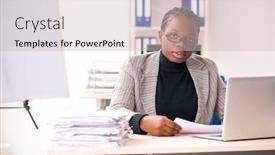  Presentation with black female - Presentation design consisting of black female employee unhappy with excessive work background and a soft green colored foreground