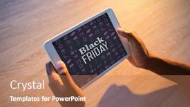  Presentation with friday - PPT theme with black friday advert against cropped hands of male executive using digital tablet in office background and a coral colored foreground