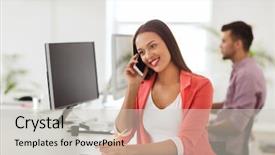  Presentation with african american startup - Slide deck with black girlp phone - business startup communication and people background and a soft green colored foreground