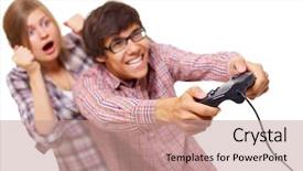  Presentation with video game - Presentation theme having black glasses playing video game background and a coral colored foreground