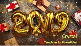  Presentation with new year 2019 - Amazing PPT theme having black gold invitations - happy new year 2019 backdrop and a tawny brown colored foreground