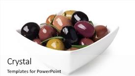  Presentation with old wooden table food - Slide deck consisting of black green - olives into bowls on wooden background and a white colored foreground