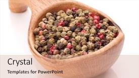  Presentation with pink black - Presentation design enhanced with black green and pink pepper peppercorn mix in wooden spoon isolated on white background cutout background and a coral colored foreground