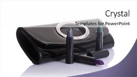  Presentation with purple green - Beautiful theme featuring black handbag clutch and lipsticks in green gray and purple colors isolated on white background with natural reflection backdrop and a white colored foreground