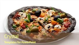  Presentation with dried tomato - Theme with black ink dough pizza with seafood black and green olives dried tomato and salad leaves background and a tawny brown colored foreground