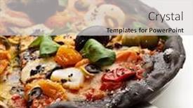  Presentation with dried tomato - Audience pleasing theme consisting of black ink dough pizza with seafood black and green olives dried tomato and salad leaves backdrop and a light gray colored foreground