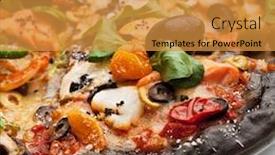  Presentation with dried tomato - Colorful theme enhanced with black ink dough pizza with seafood black and green olives dried tomato and salad leaves backdrop and a gold colored foreground