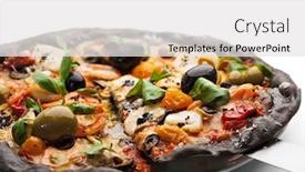  Presentation with dried tomato - Slides consisting of black ink dough pizza with seafood black and green olives dried tomato and salad leaves background and a white colored foreground