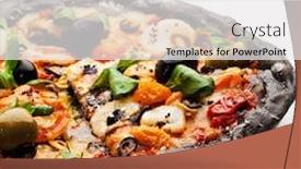  Presentation with dried tomato - Slides with black ink dough pizza with seafood black and green olives dried tomato and salad leaves background and a white colored foreground
